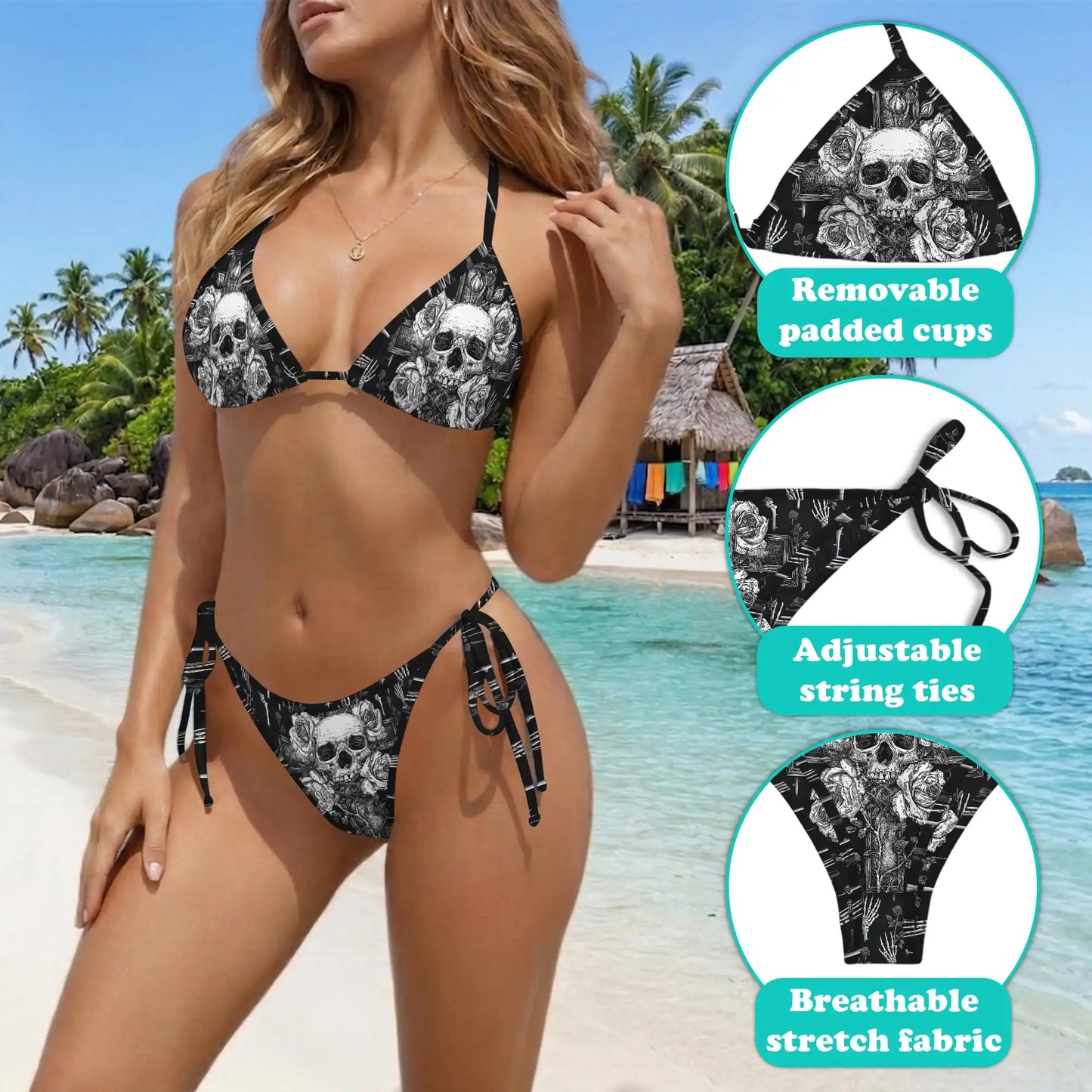 Skull Roses Bikini Set for Women, Two Piece Swimsuit, Gothic Floral Beachwear | Netecom