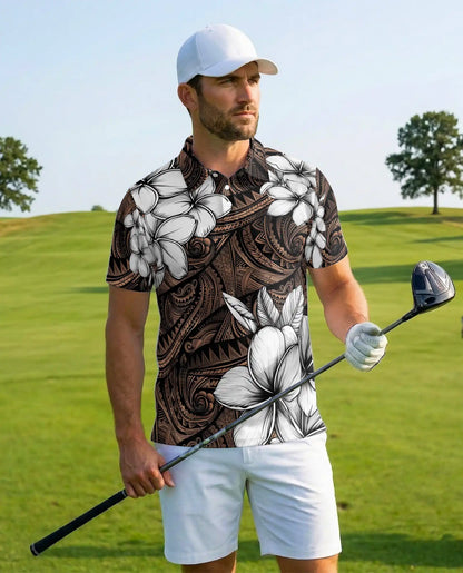 Polynesian Plumeria Polo Shirt For Men-Tribal Island Flower Tropical Aloha | Netecom