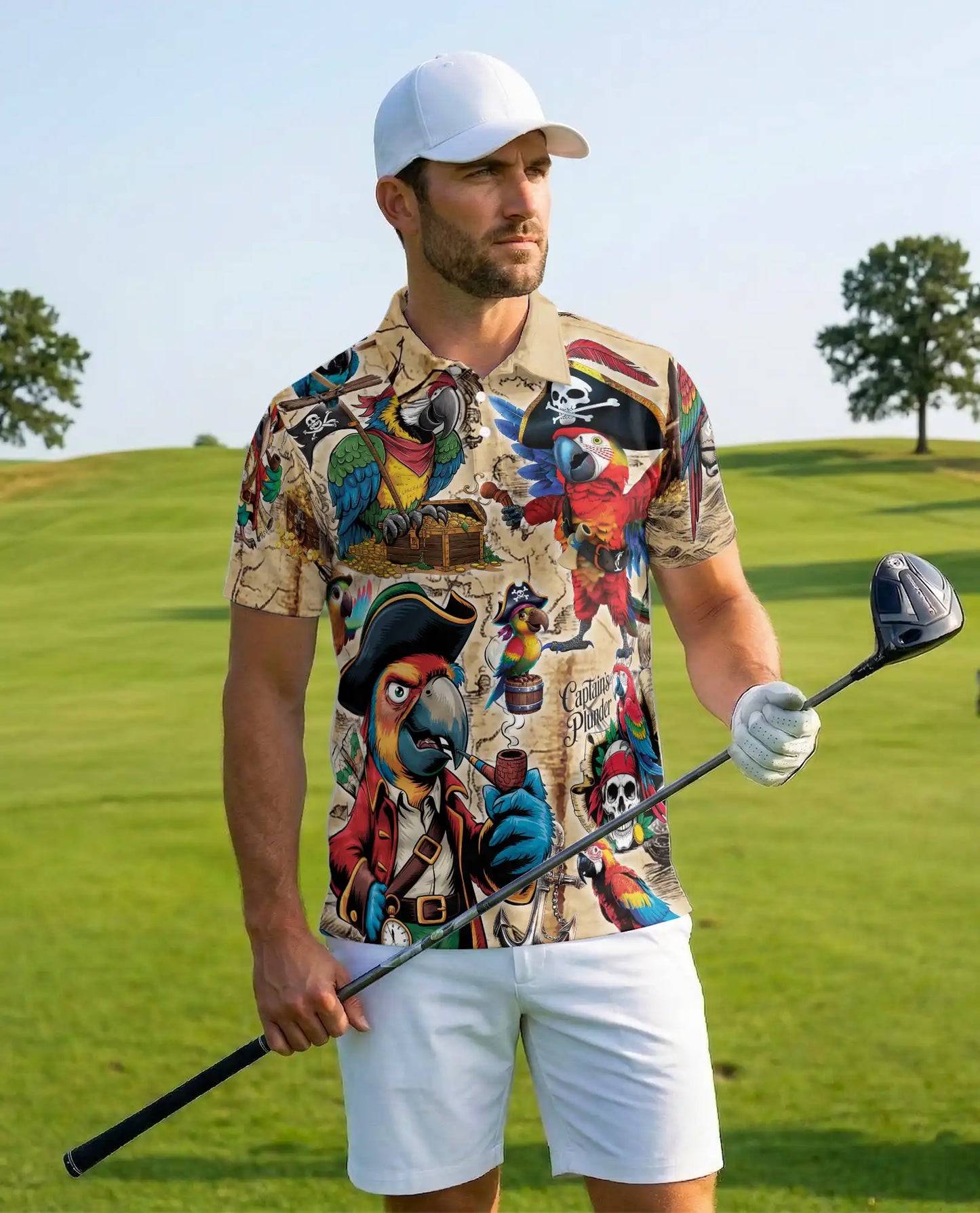 Pirate Parrot Polo Shirt for Men – Treasure Map Party Style | Netecom
