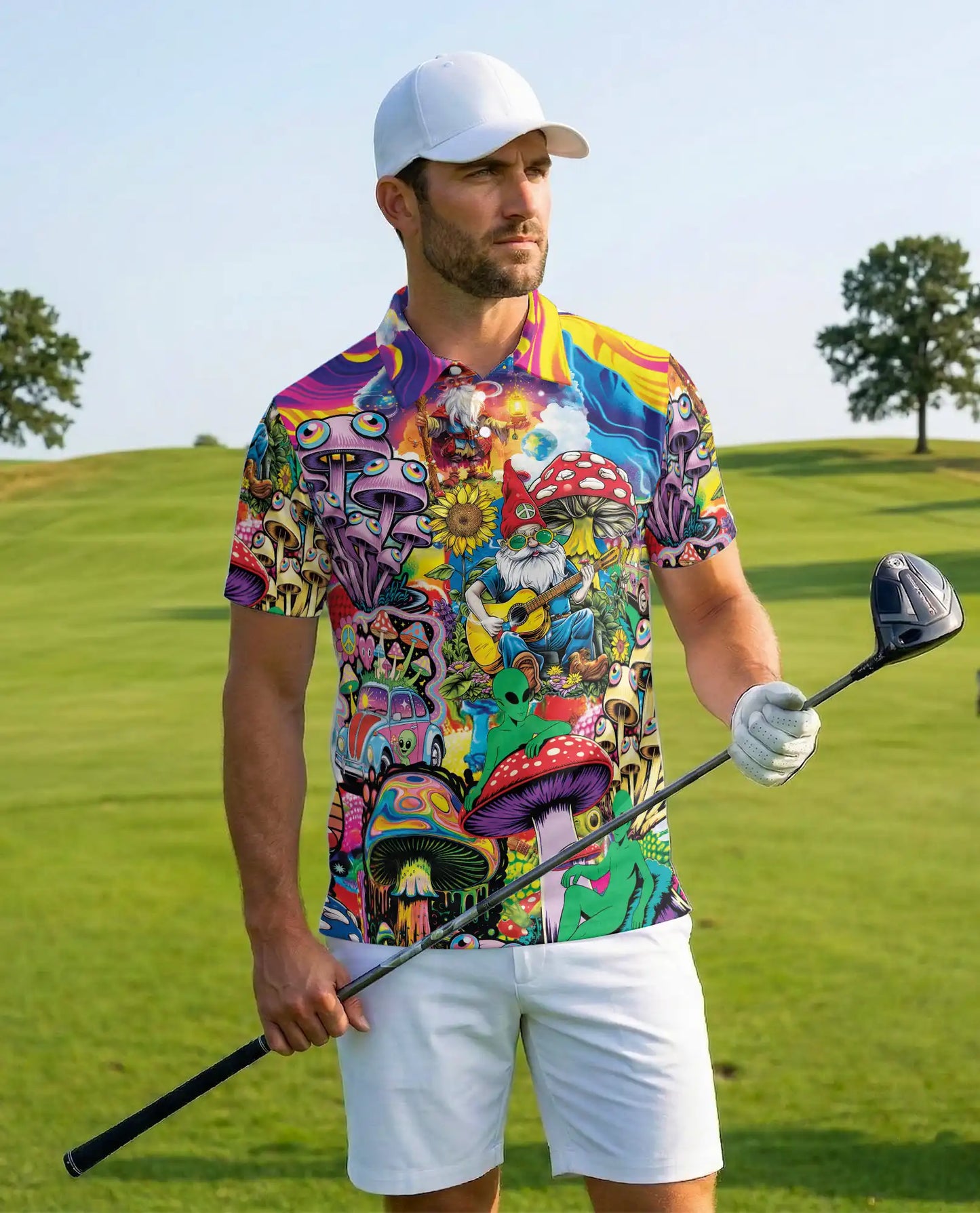 Mushroom Gnome Polo Shirt for Men – Colorful Alien Art | Netecom