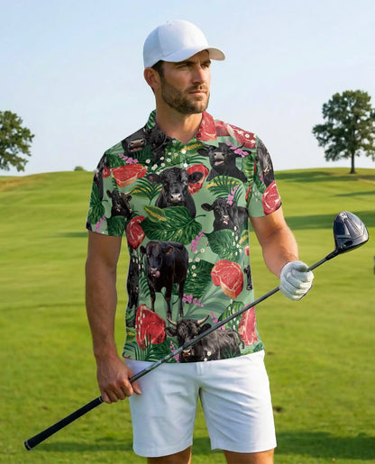 Tropical Black Angus Cattle Polo Shirt for Men – Funny Cow Meat Print | Netecom