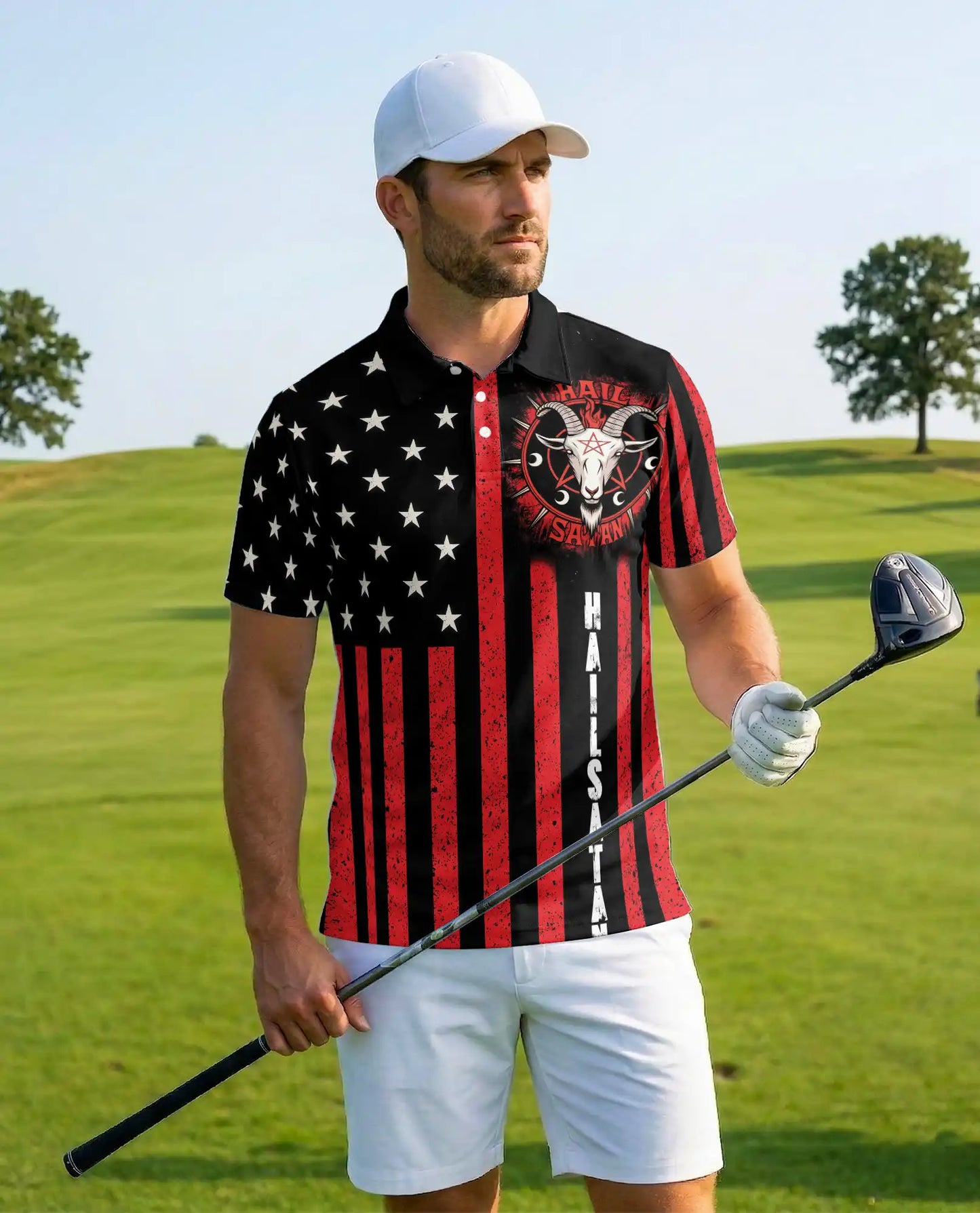Hail Satan American Flag Polo Shirt for Men – Gothic Punk Style | Netecom