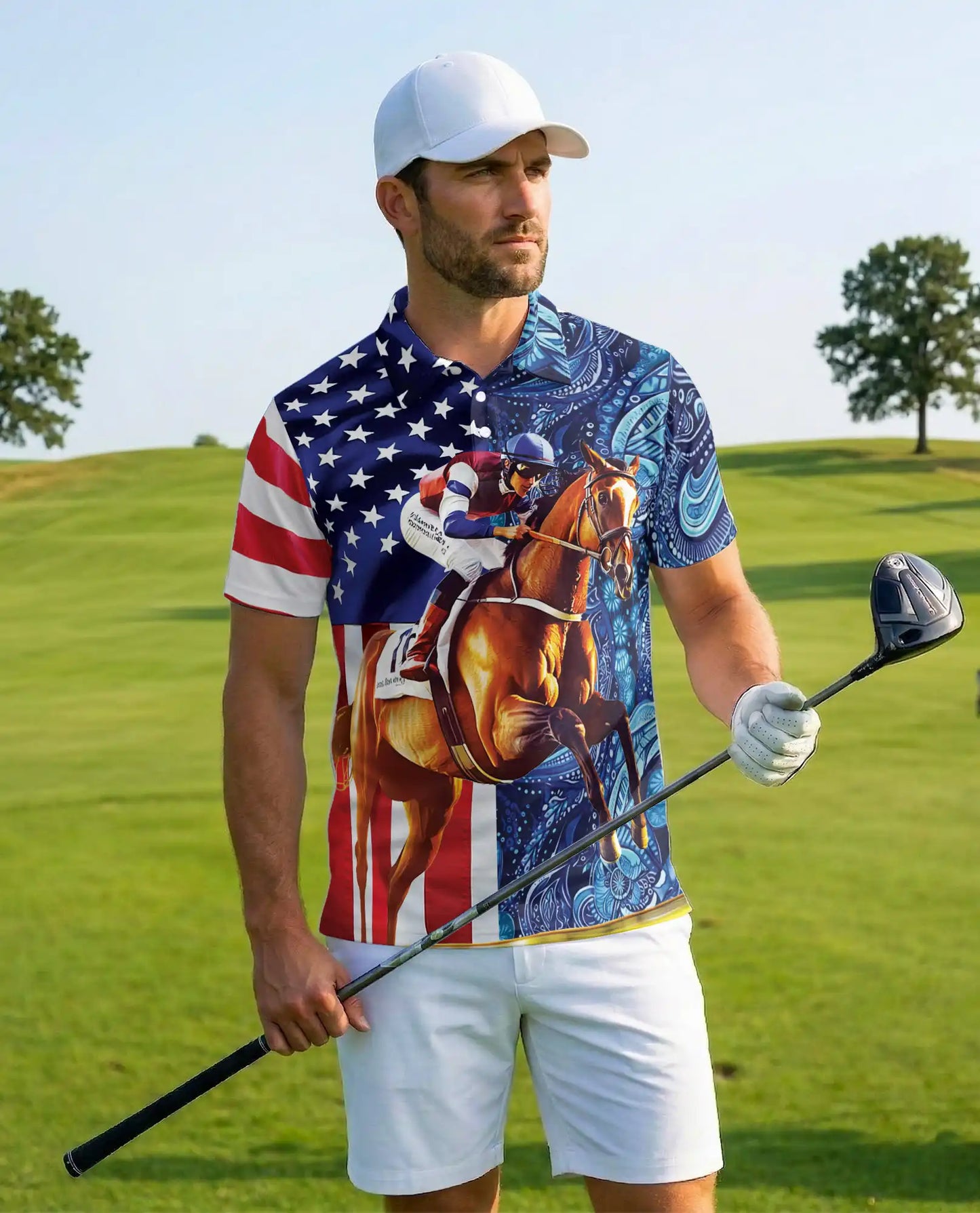 American Flag Horse Racing 3D Polo Shirt for Men | Netecom