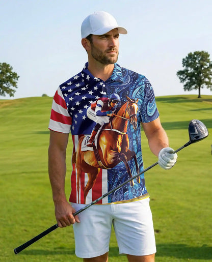American Flag Horse Racing 3D Polo Shirt for Men | Netecom