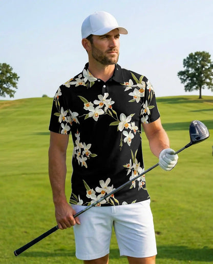 White Orchid Polo Shirt - Elegant Tropical Floral Style | Netecom