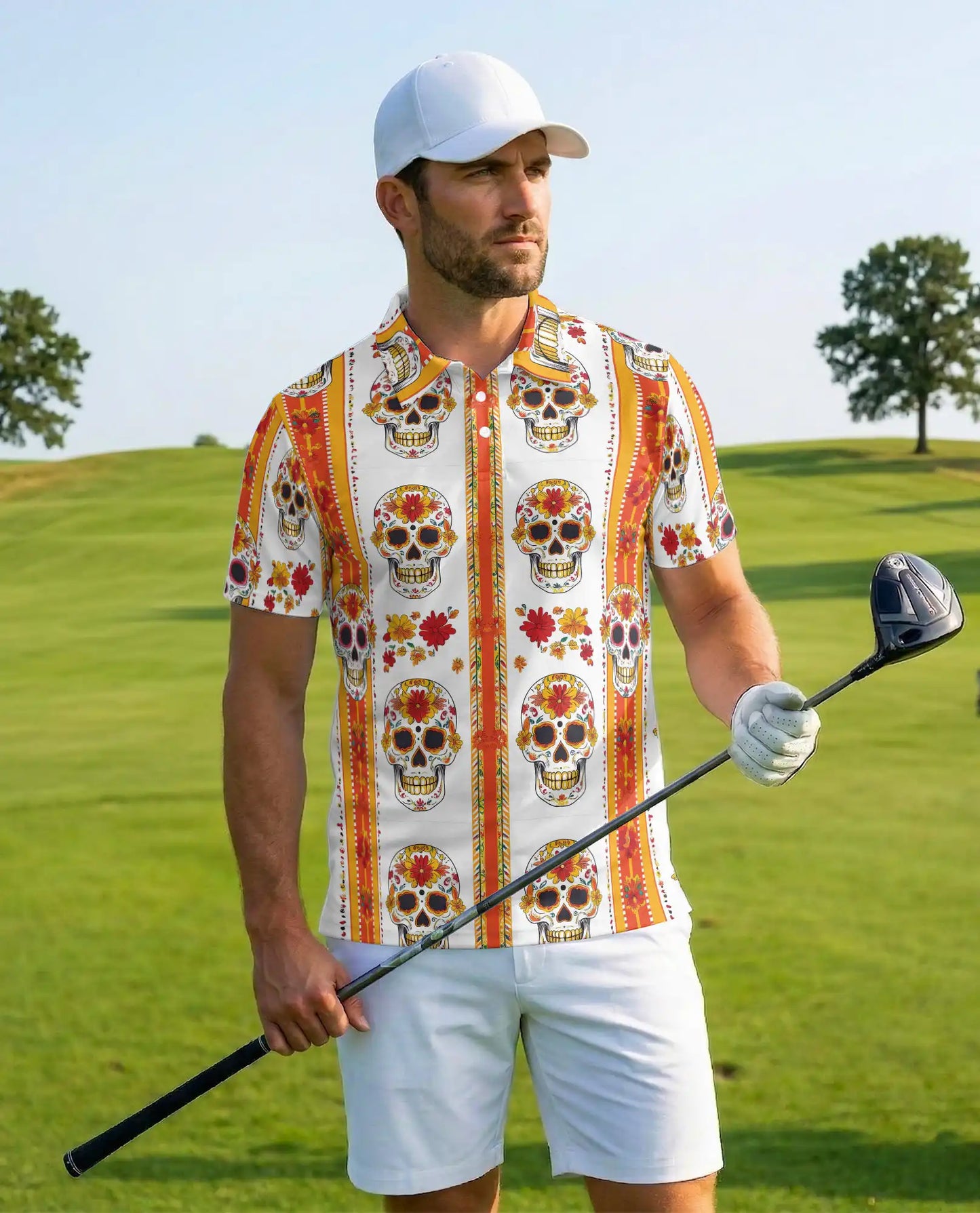 Floral Sugar Skull Polo Shirt - Day of the Dead Style | Netecom