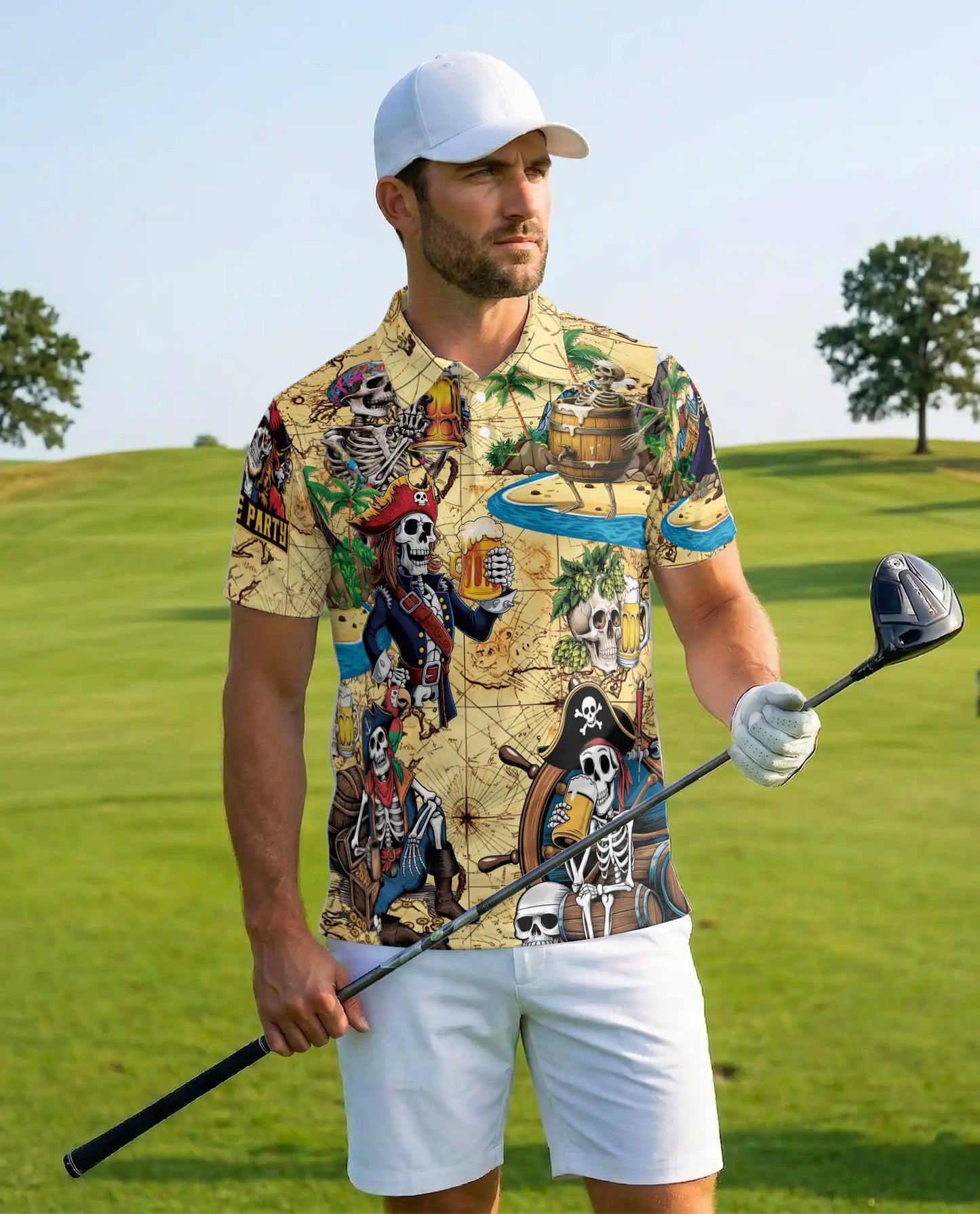 Skeleton Pirate Polo Shirt for Men – Treasure Map Party Style | Netecom