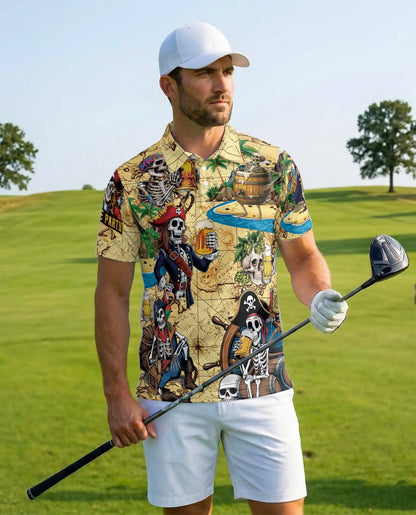 Skeleton Pirate Polo Shirt for Men – Treasure Map Party Style | Netecom