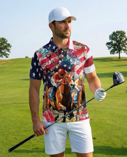 Roses Horse Racing 3D Polo Shirt for Men | Netecom