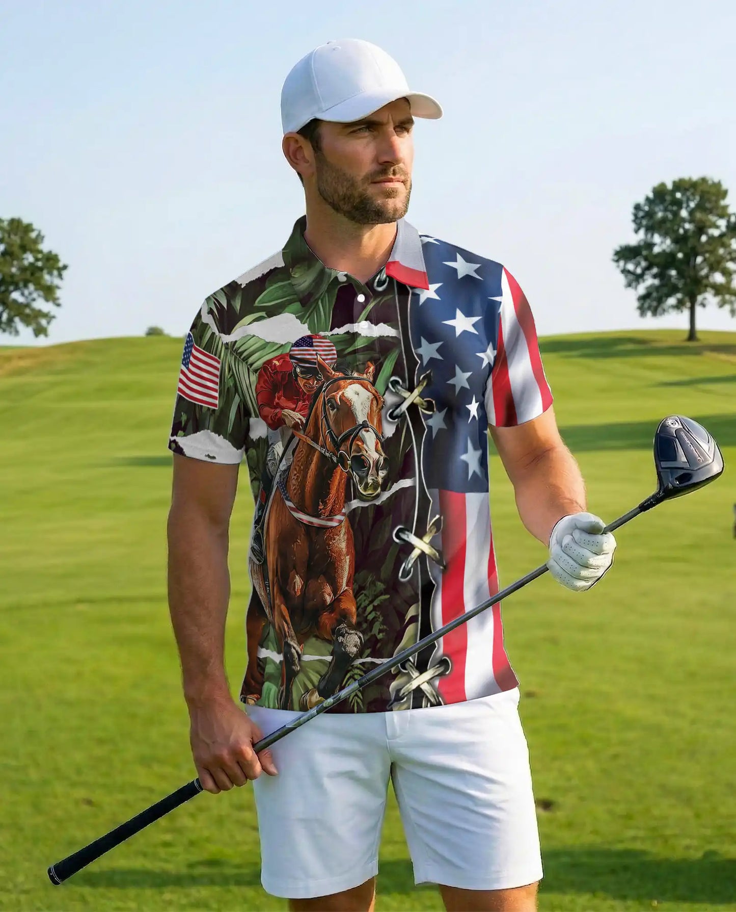 Tropical Horse Racing 3D Polo Shirt for Men – USA Flag Theme | Netecom