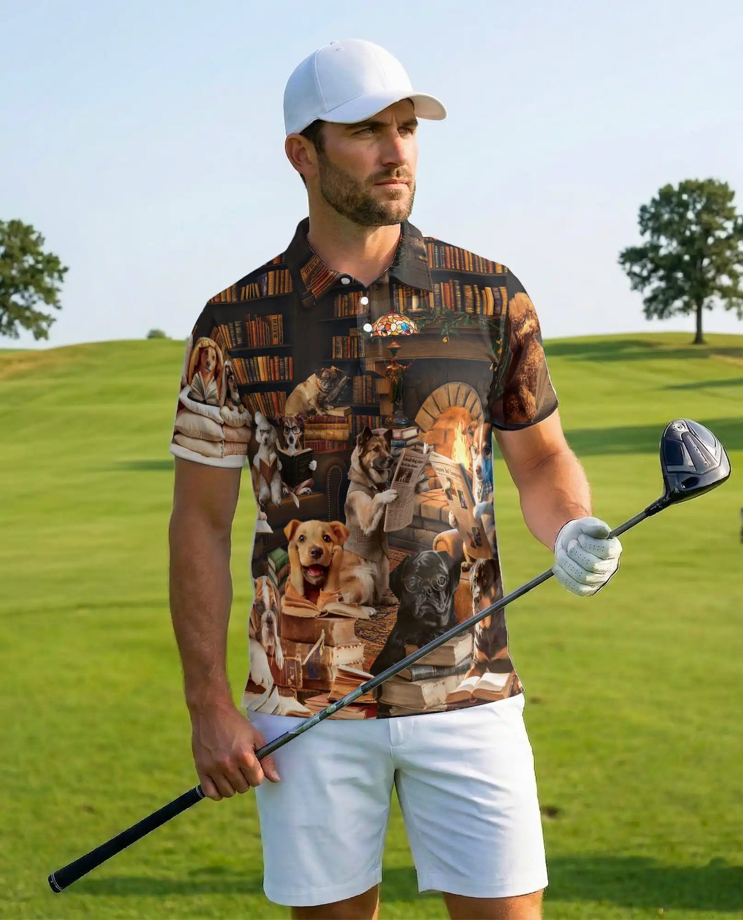 Happy Dogs Reading Polo Shirt for Men – Cute Dog Library Print | Netecom