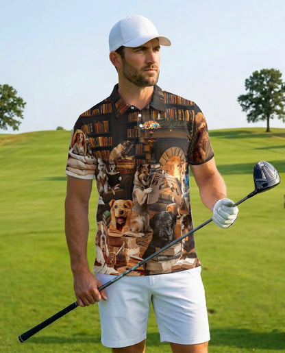 Happy Dogs Reading Polo Shirt for Men – Cute Dog Library Print | Netecom