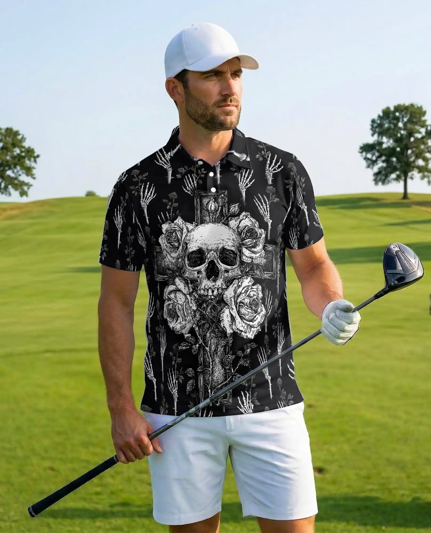 Gothic Skull Cross Polo Shirt - Dark Floral Horror Style | Netecom