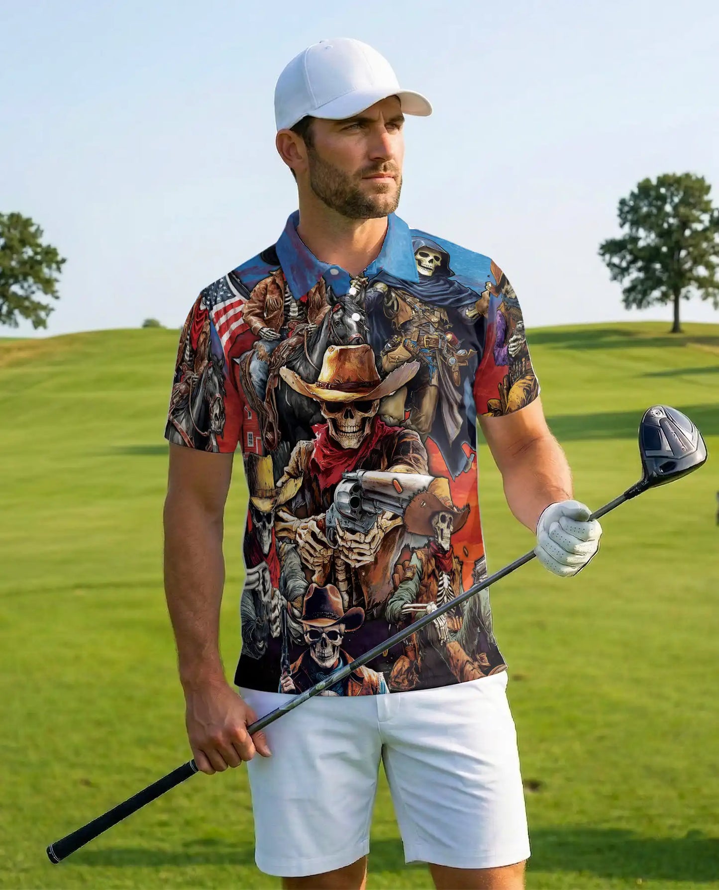 Skeleton Cowboy Polo Shirt - Wild West Outlaw Style | Netecom
