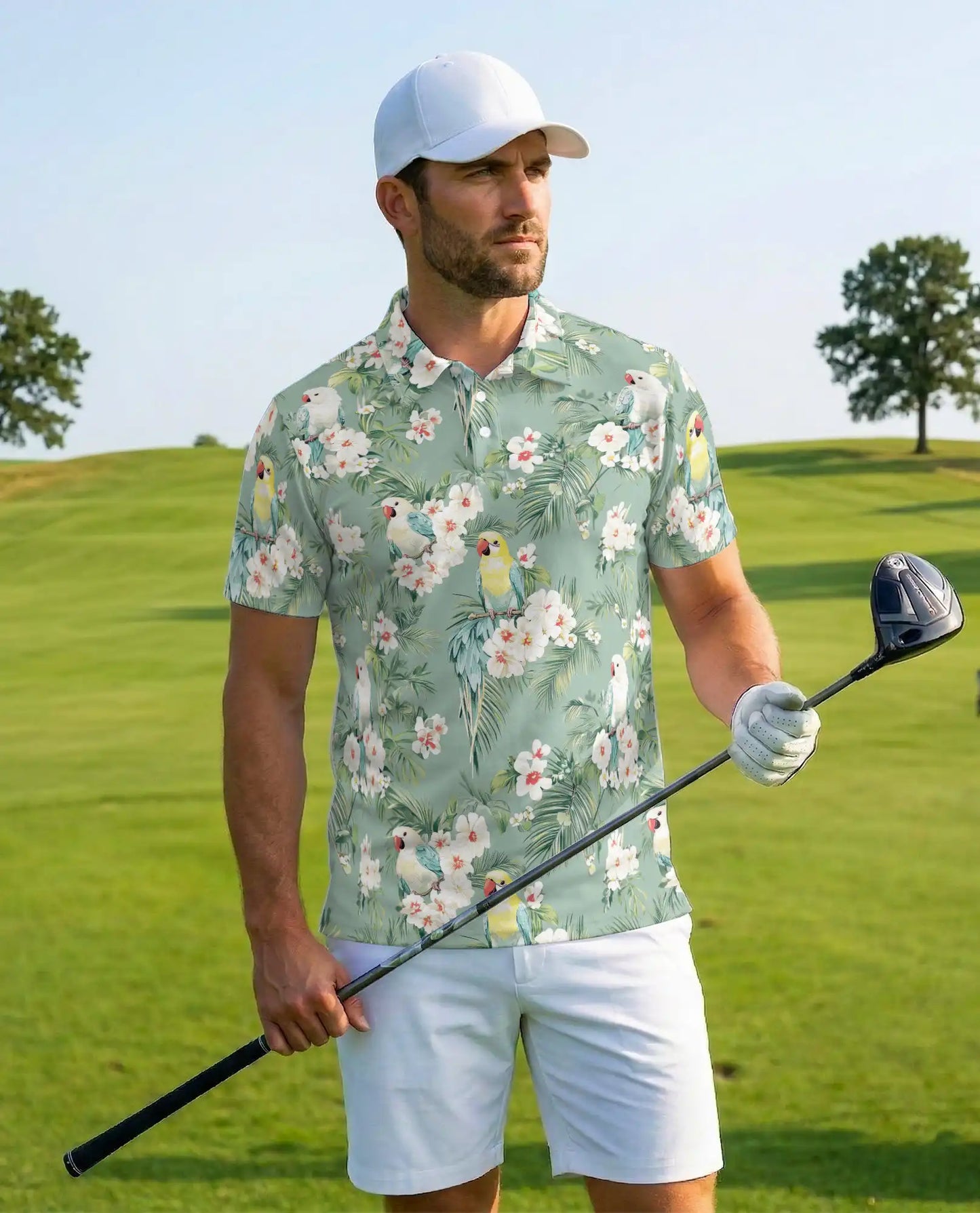 Tropical Parakeet Polo Shirt - Floral Bird Garden Style | Netecom
