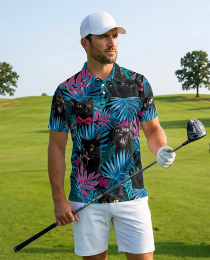 Black Cat Tropical Polo Shirt - Neon Jungle Kitty Style | Netecom