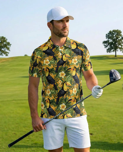 Toucan Tropical Floral Polo Shirt for Men-Jungle Bird Hawaiian Style | Netecom