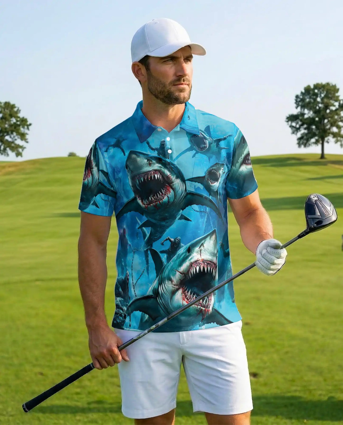 Shark Attack Horror 3D Polo Shirt for Men – Ocean Monster | Netecom