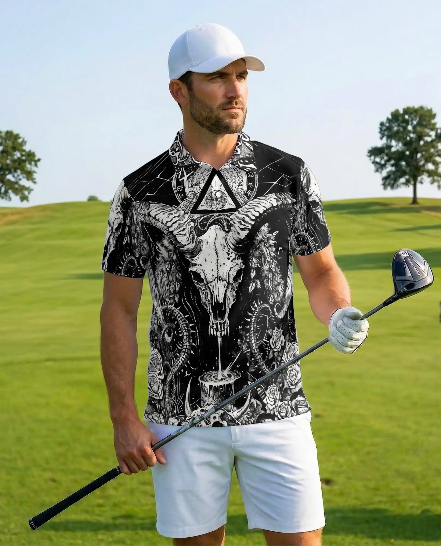 Dark Ram Skull Occult Polo Shirt for Men- Horror Black White Fantasy | Netecom