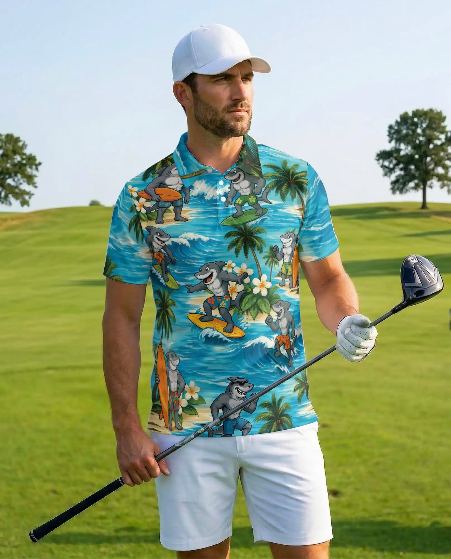 Surfing Shark Polo Shirt for Men – Beach Vacation Style | Netecom