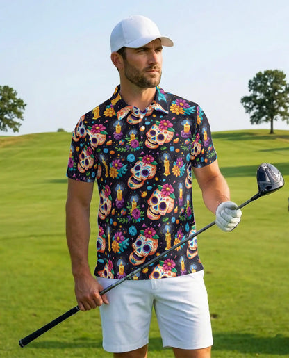 Sugar Skull Polo Shirt for Men – Day of the Dead Colorful Skull Print | Netecom
