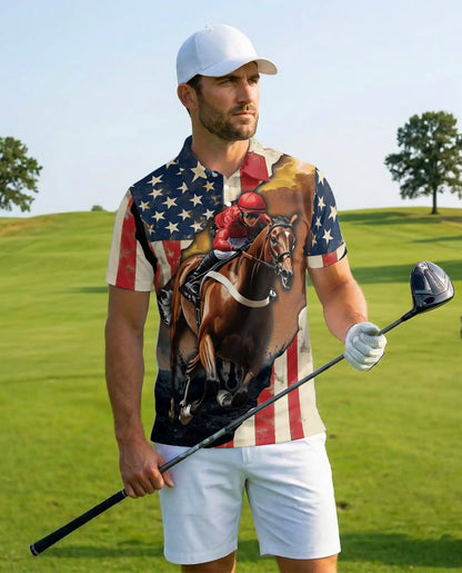 Red Horse Racing American Flag 3D Polo Shirt | Netecom
