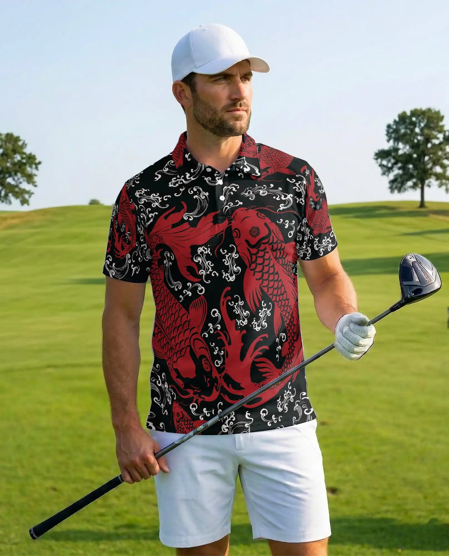 Koi Fish Polo Shirt for Men – Japanese Water Garden Print | Netecom