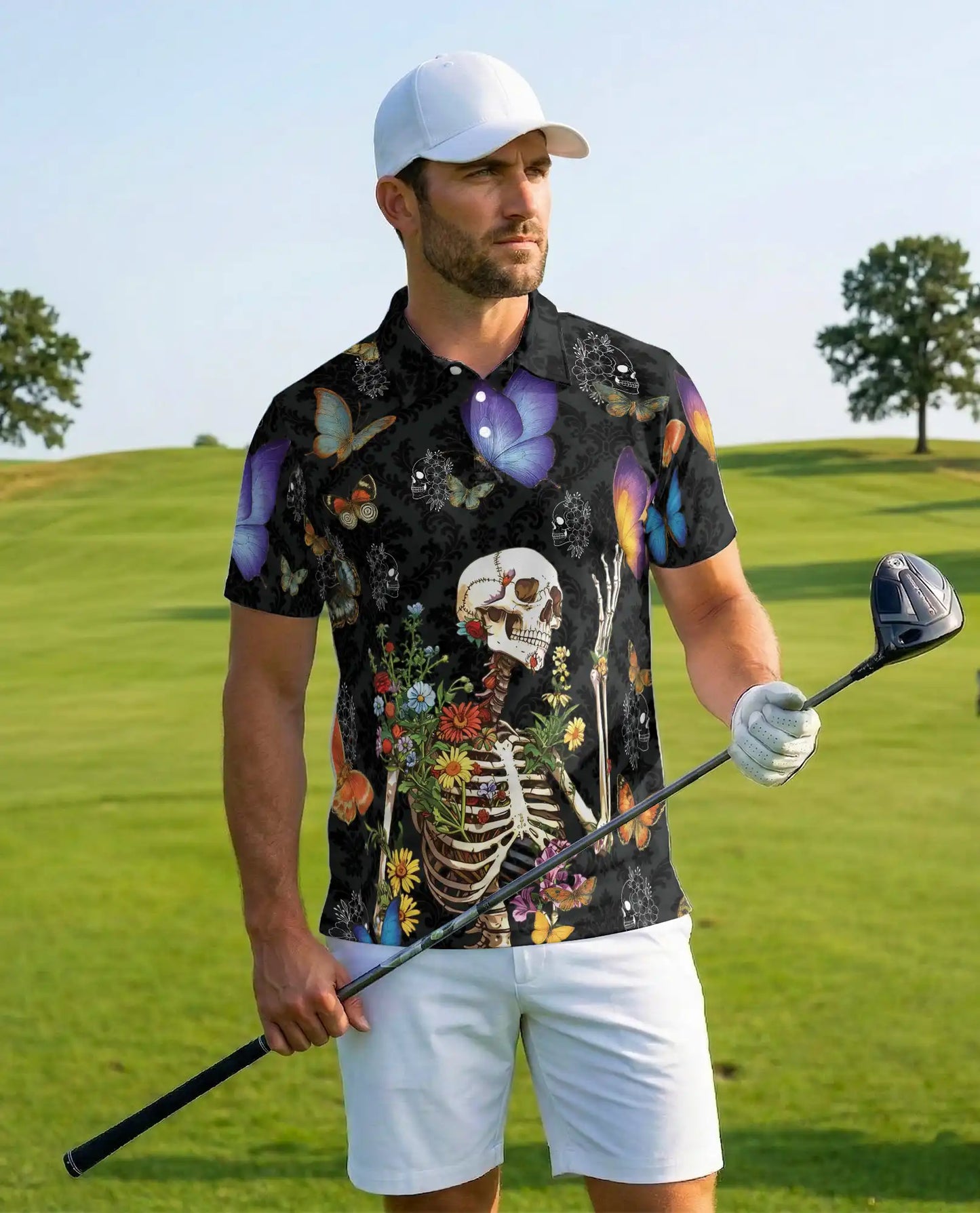 Floral Skeleton Polo Shirt for Men – Gothic Butterfly Design | Netecom