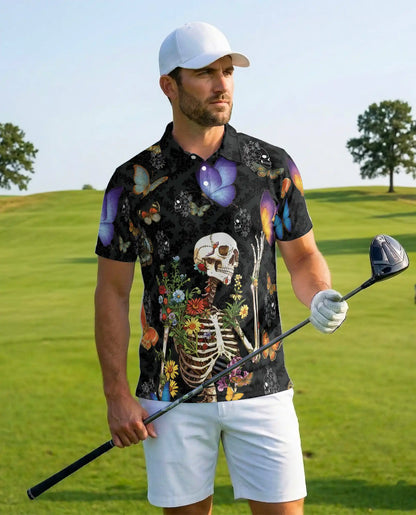 Floral Skeleton Polo Shirt for Men – Gothic Butterfly Design | Netecom