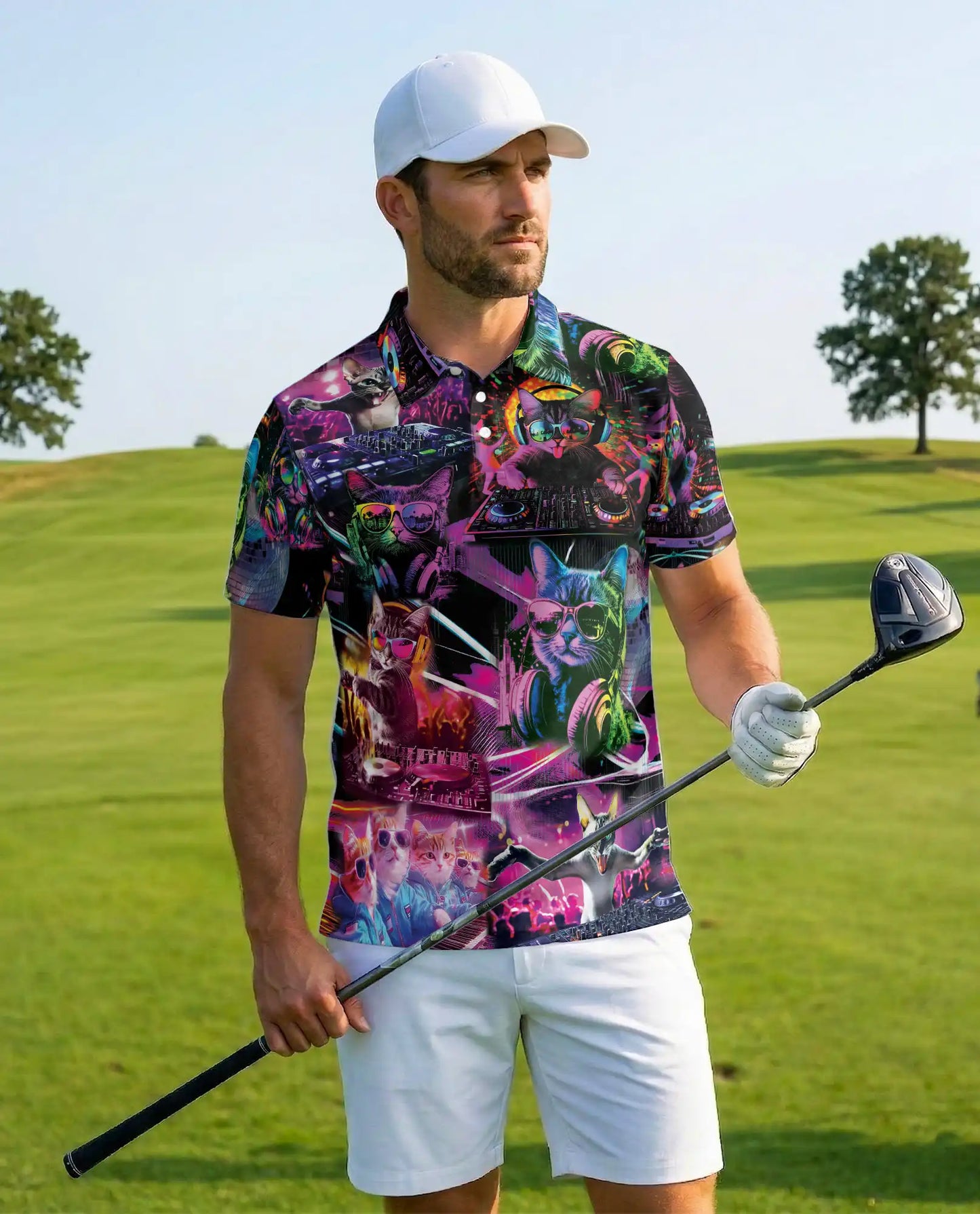 DJ Cat Party Polo Shirt for Men – Neon Music Festival Cat Print | Netecom