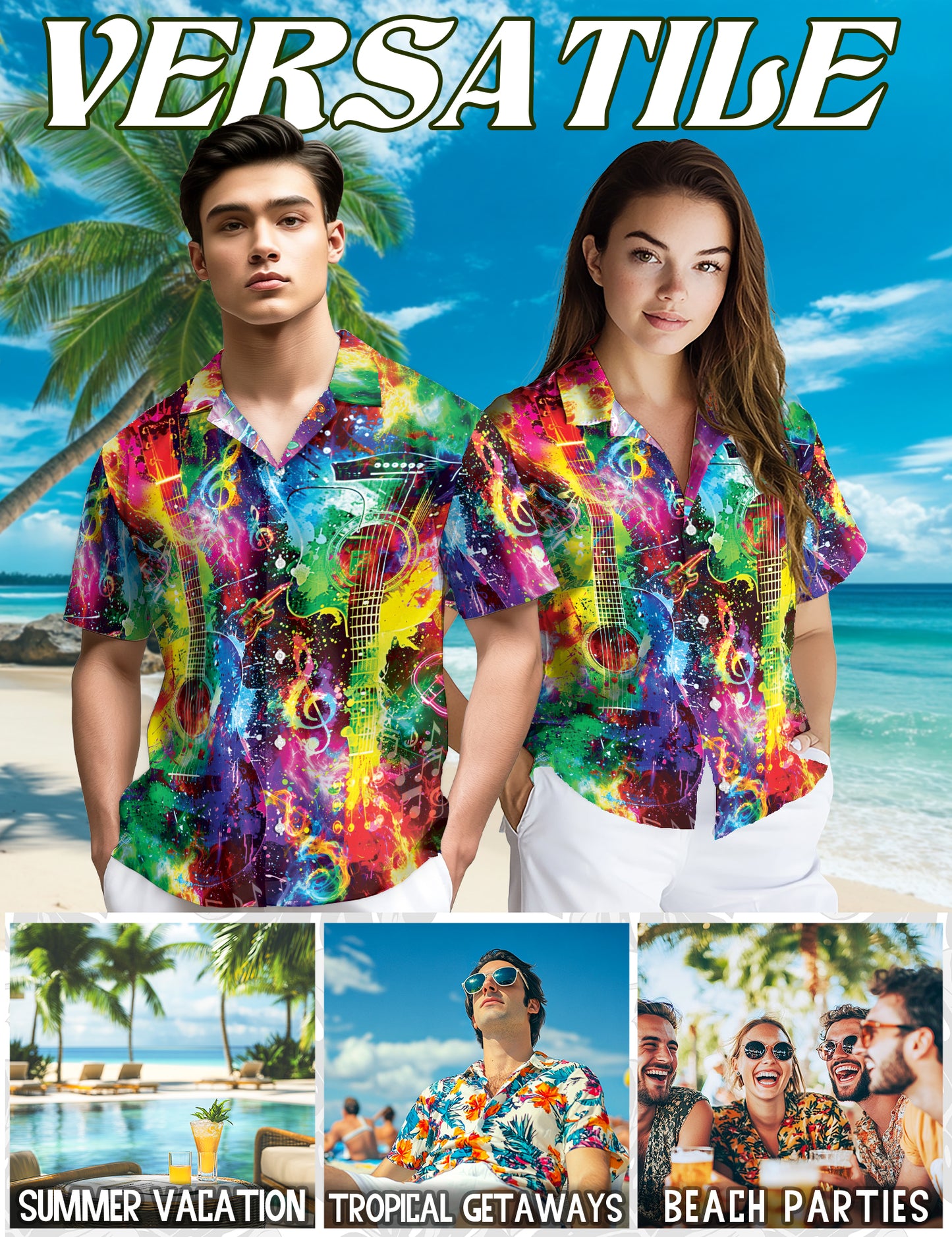 Netecom Rainbow Guitar Hawaiian Shirt for Men, Guitar Lovers Gifts, Guitarist Button Down Summer Beach Shirts
