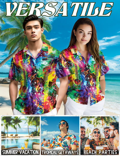 Netecom Rainbow Guitar Hawaiian Shirt for Men, Guitar Lovers Gifts, Guitarist Button Down Summer Beach Shirts