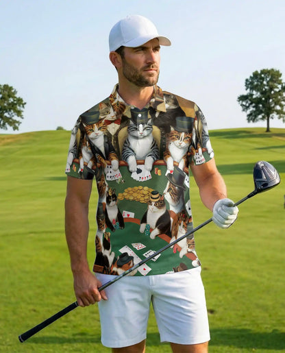 Cat Poker 3D Polo Shirt for Men – Fun Animal Card Game Print | Netecom