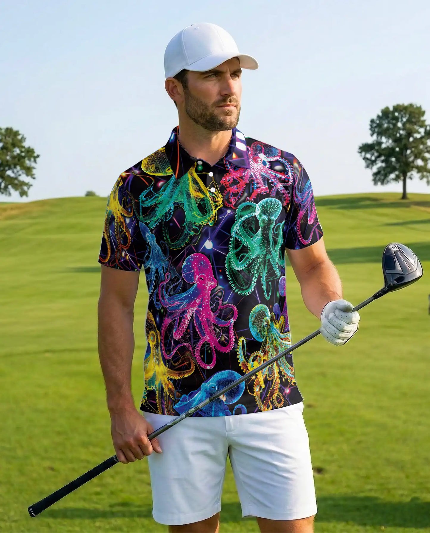 Neon Octopus Polo Shirt for Men – Vibrant Ocean Life | Netecom
