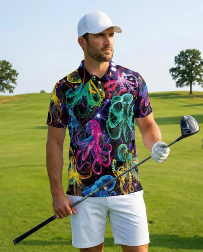 Neon Octopus Polo Shirt for Men – Vibrant Ocean Life | Netecom