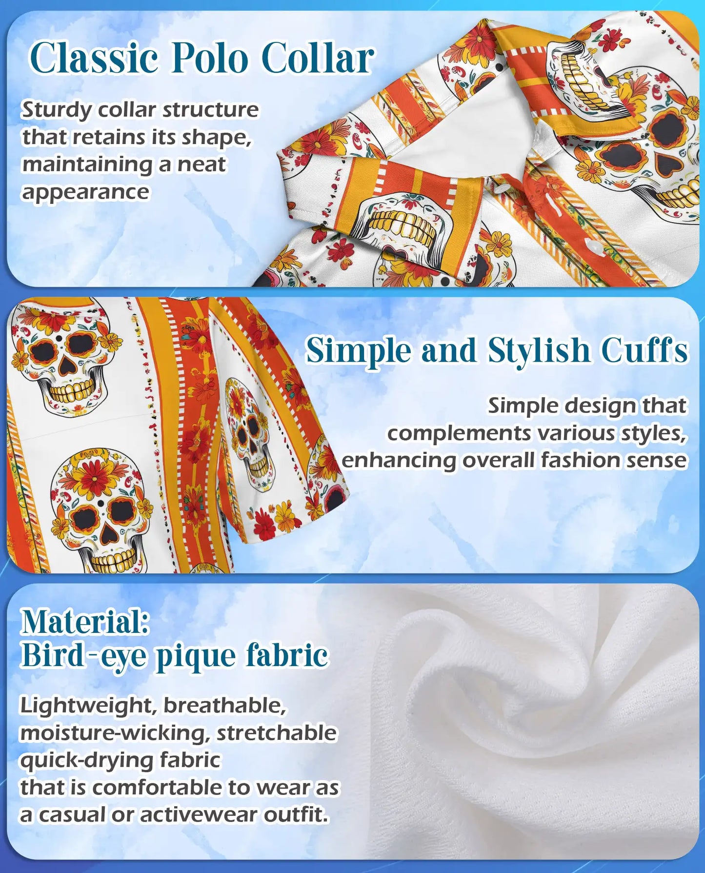 Floral Sugar Skull Polo Shirt - Day of the Dead Style | Netecom