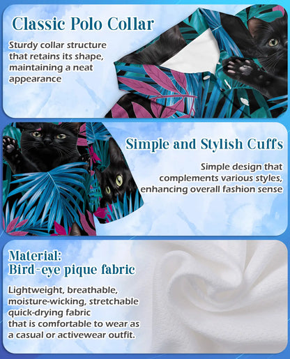 Black Cat Tropical Polo Shirt - Neon Jungle Kitty Style | Netecom