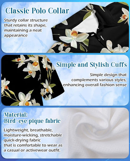 White Orchid Polo Shirt - Elegant Tropical Floral Style | Netecom