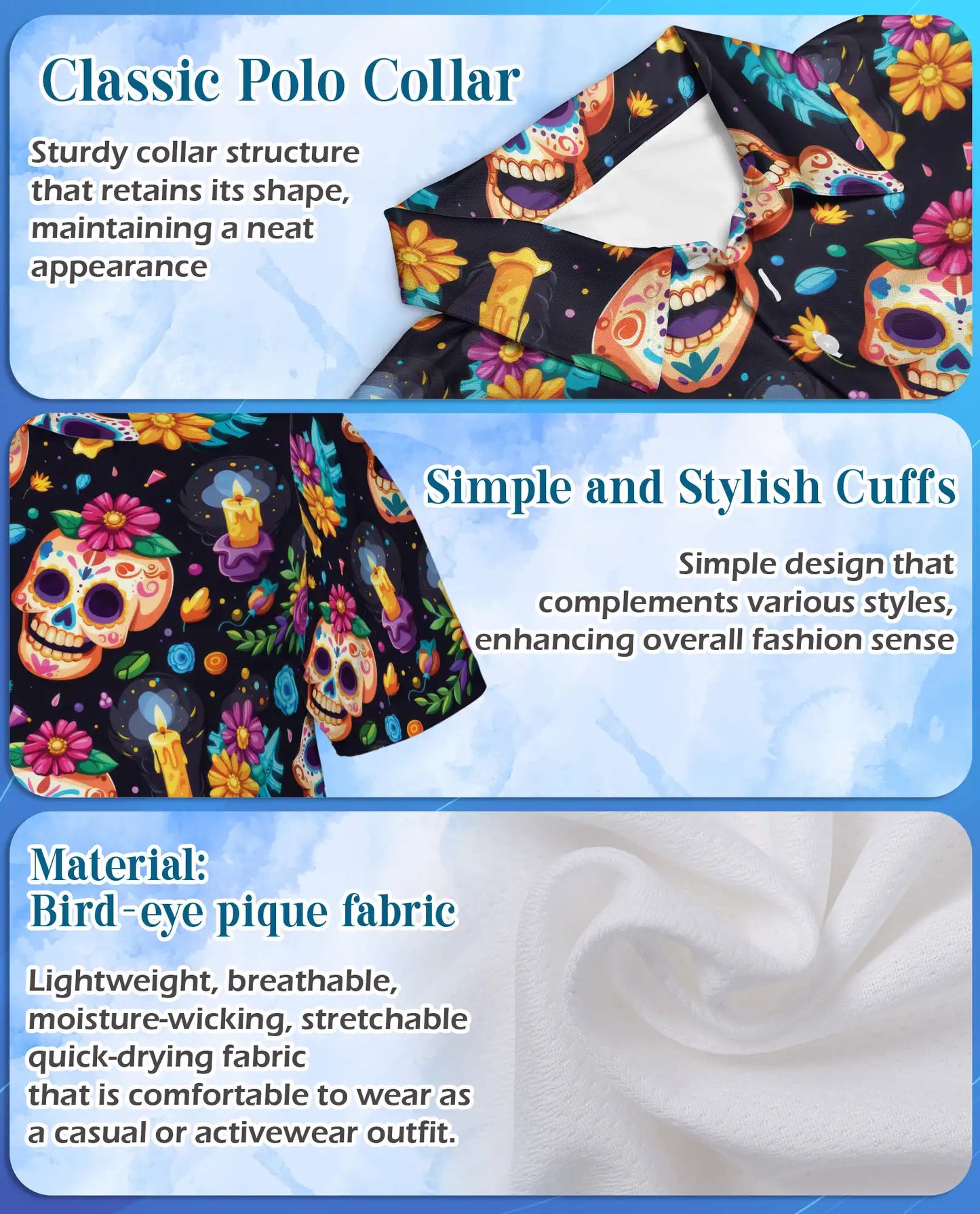 Sugar Skull Polo Shirt for Men – Day of the Dead Colorful Skull Print | Netecom