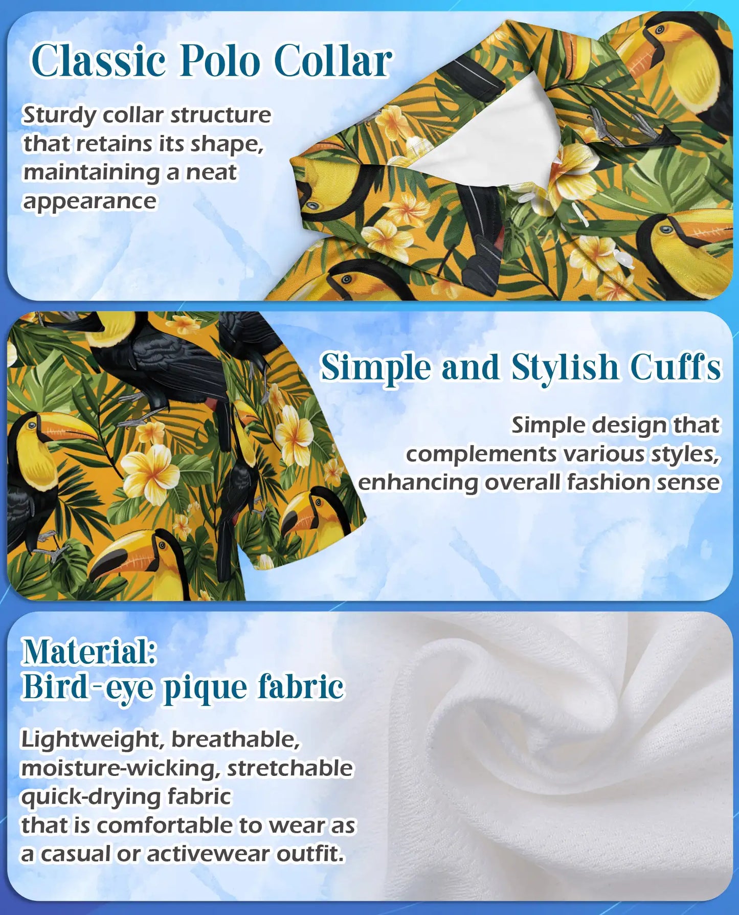 Toucan Tropical Floral Polo Shirt for Men-Jungle Bird Hawaiian Style | Netecom
