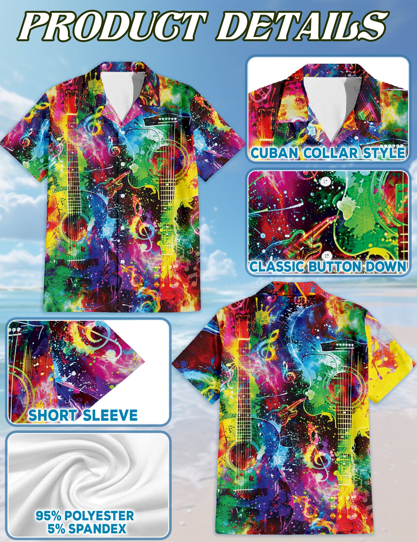 Netecom Rainbow Guitar Hawaiian Shirt for Men, Guitar Lovers Gifts, Guitarist Button Down Summer Beach Shirts