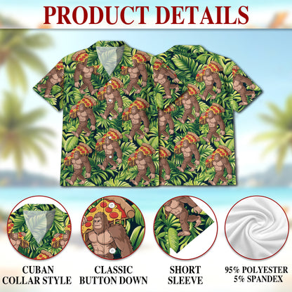 Netecom Bigfoot Carrying Pizza Hawaiian Shirt, Bigfoot Lover Gifts, Tropical Button Down Summer Short Sleeve Shirts