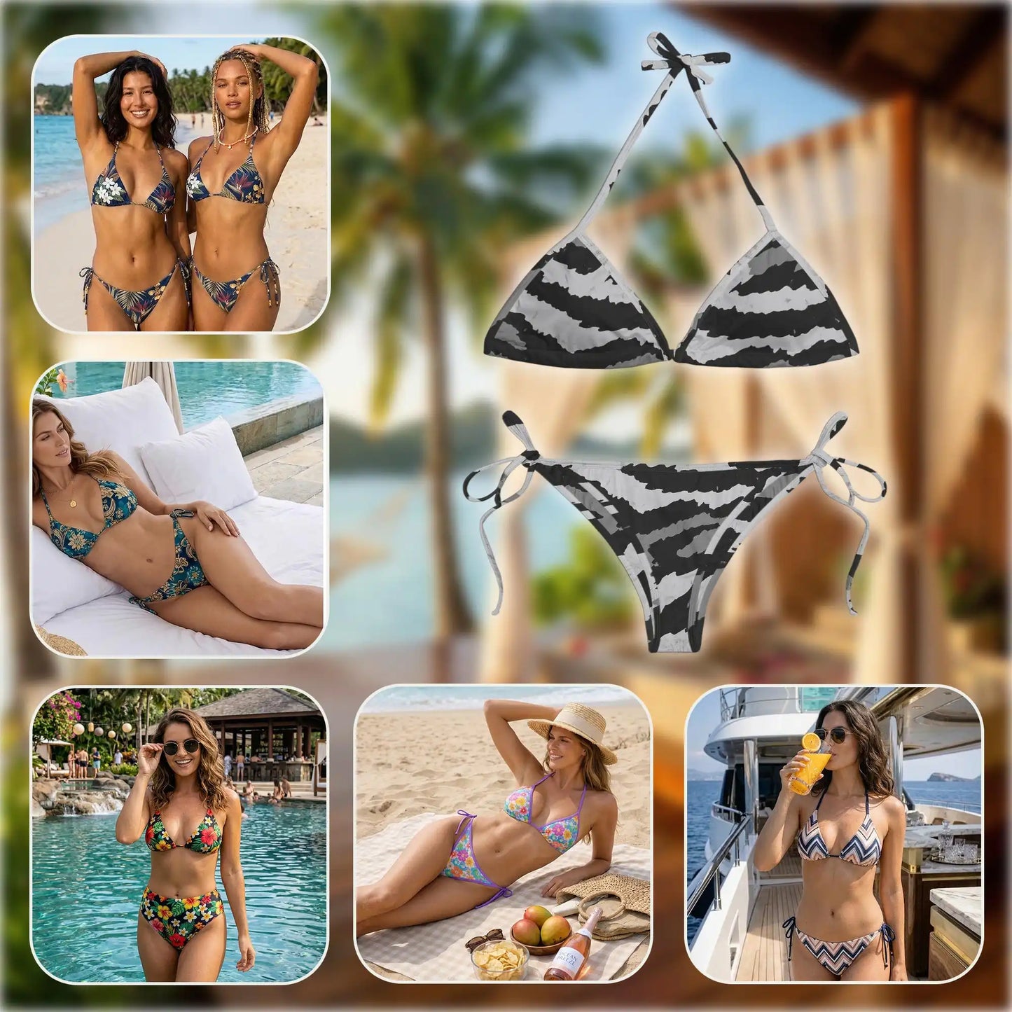 Grey Tiger Stripe Bikini Set for Women, Two Piece Swimsuit, Animal Print Beachwear | Netecom