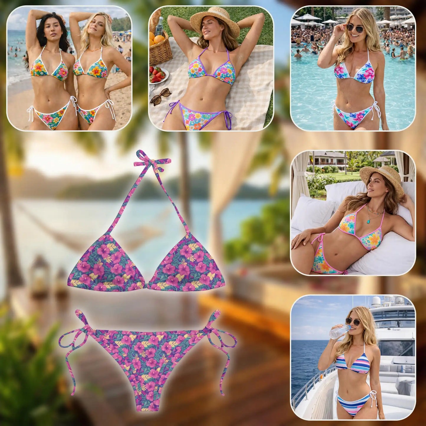 Tropical Roselle Bikini Set for Women, Two Piece Swimsuit, Hibiscus and Tropical Print Beachwear | Netecom