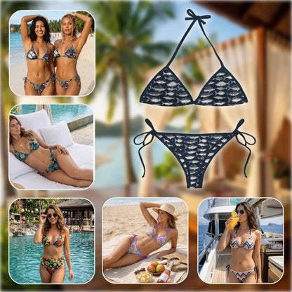 Vintage Blue Fish Bikini Set for Women Two Piece Swimsuit – Nautical Fish Print Bikini Set | Netecom