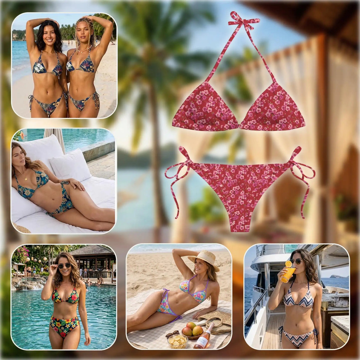Red Cherry Blossom Bikini Set for Women Two Piece Swimsuit – Floral Sakura| Netecom