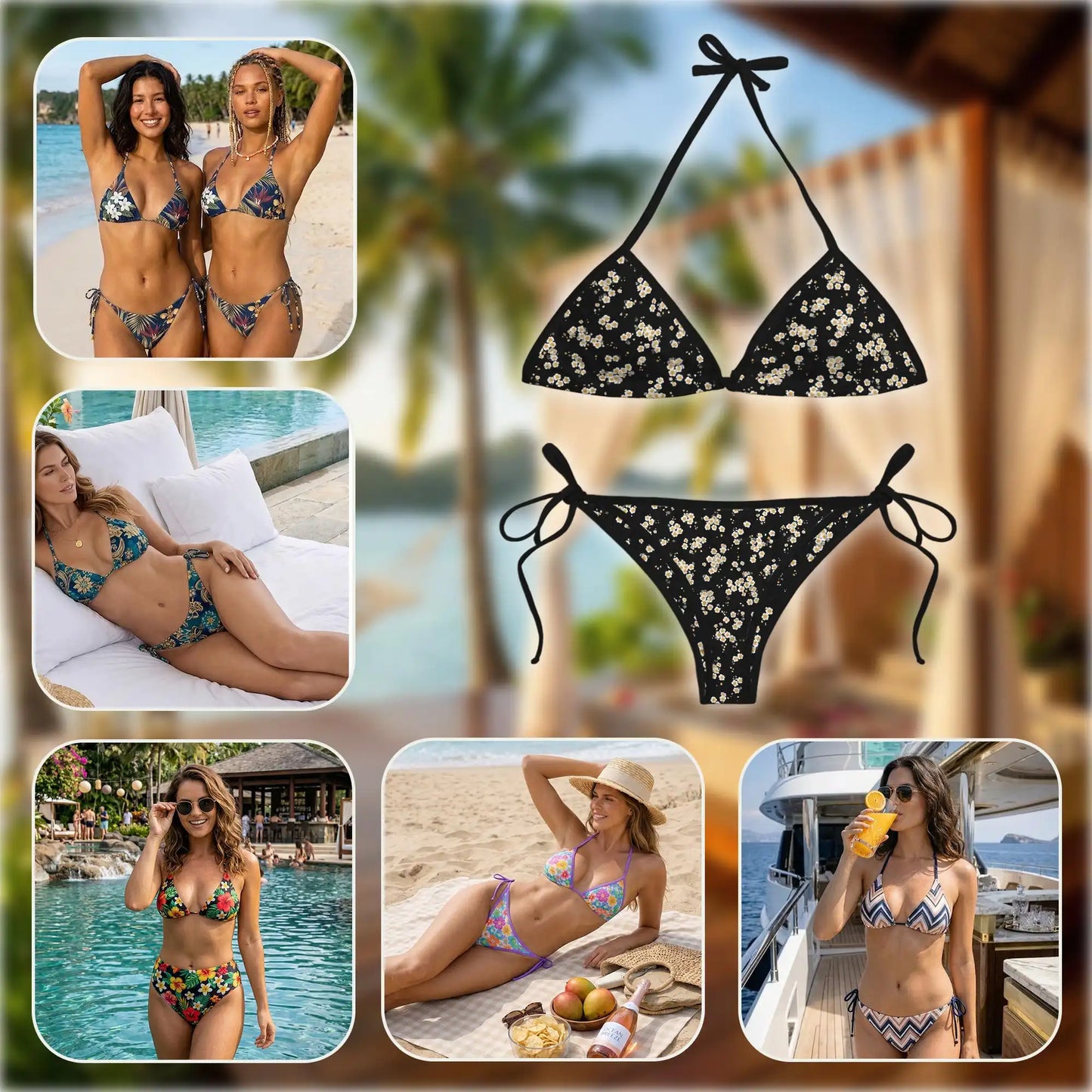 Black Sakura Bikini Set for Women, Two Piece Swimsuit, Japanese Floral Beachwear | Netecom
