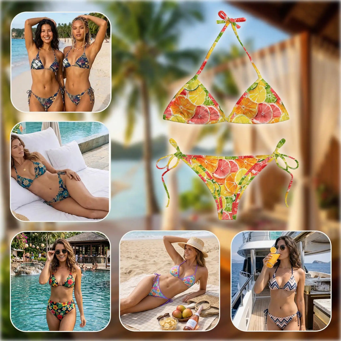 Tropical Citrus Fruit Bikini Set for Women, Two Piece Swimsuit, Tropical Fruit Beachwear | Netecom