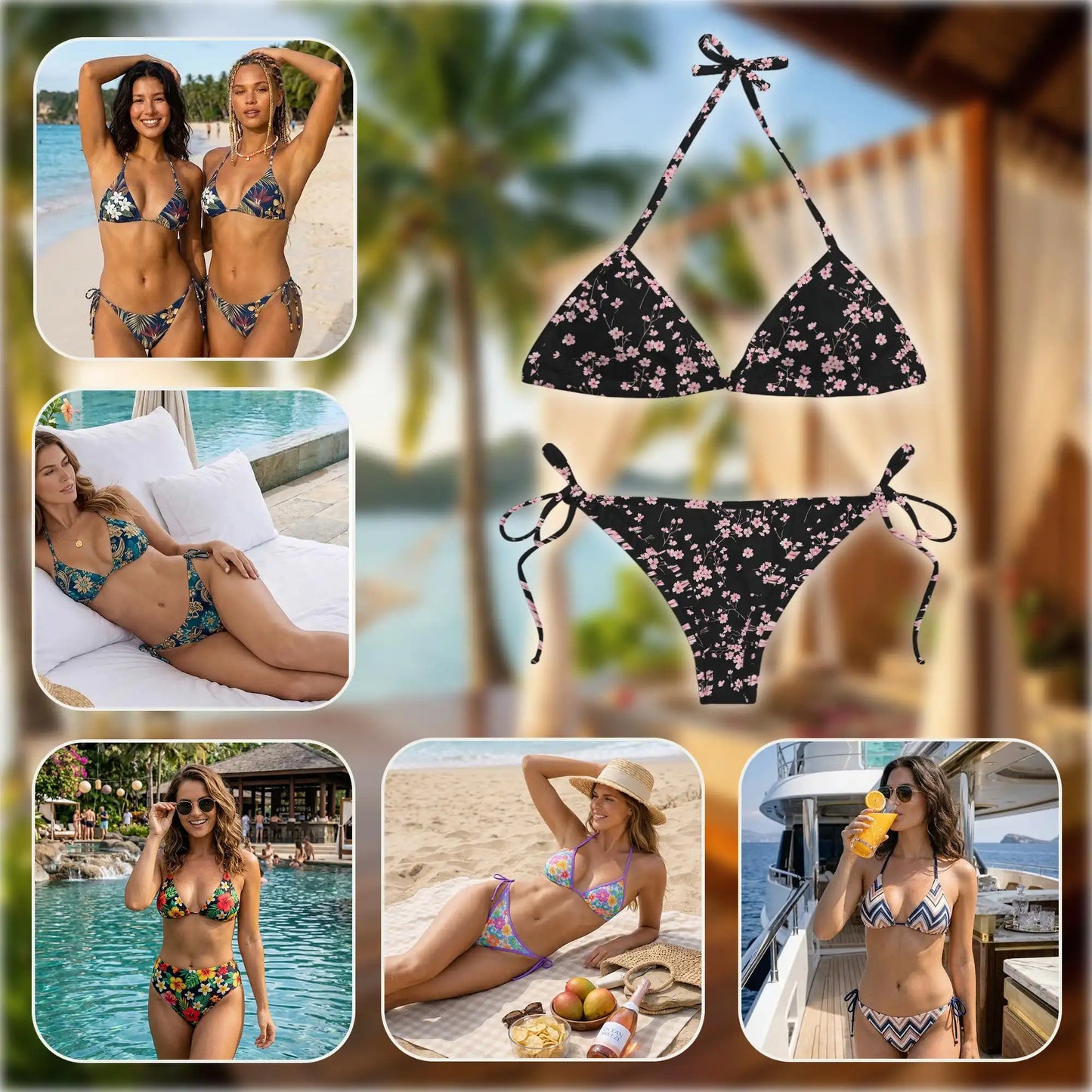Mini Cherry Blossom Bikini Set for Women, Two Piece Swimsuit, Japanese Floral Beachwear | Netecom