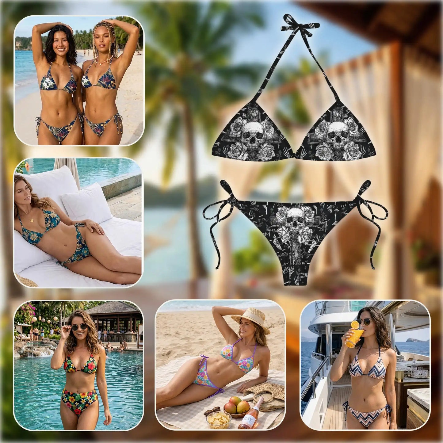 Skull Roses Bikini Set for Women, Two Piece Swimsuit, Gothic Floral Beachwear | Netecom